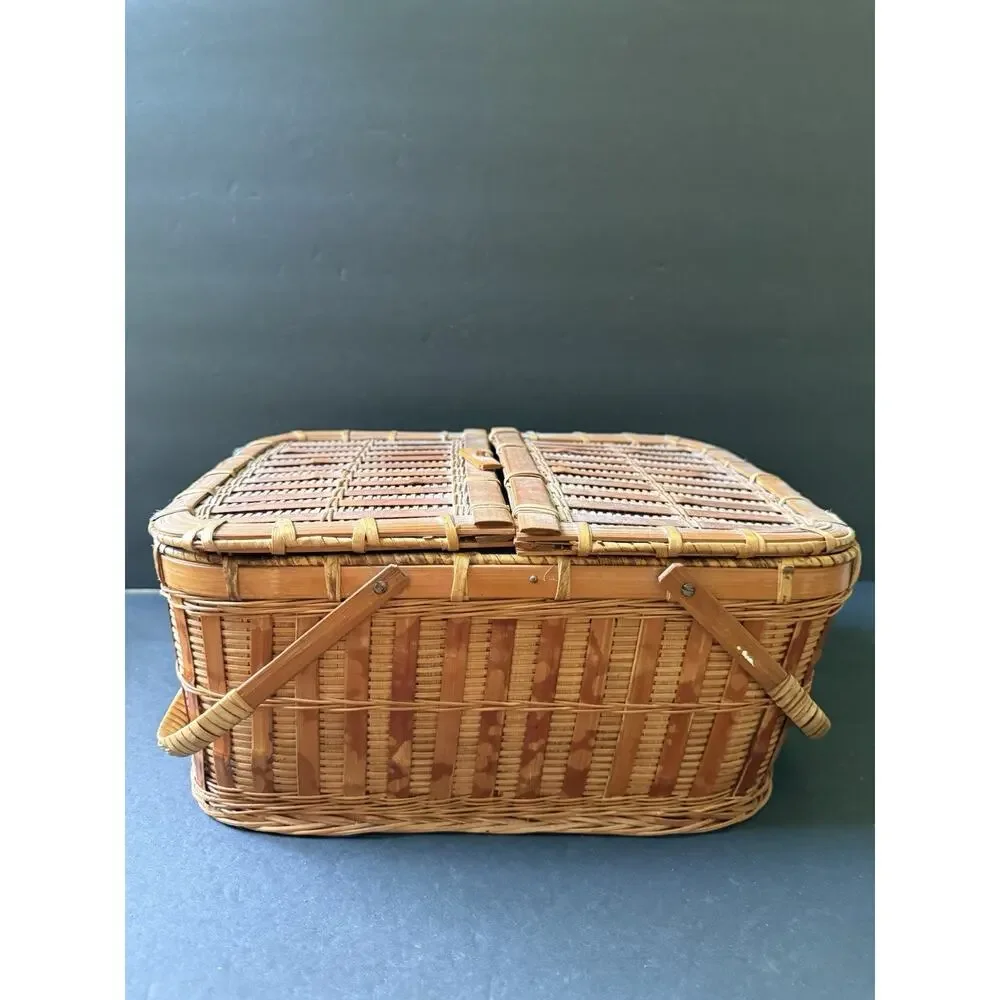 Vintage Bamboo Covered Basket Hinged Top Sewing Picnic Storage Woven Two Handle